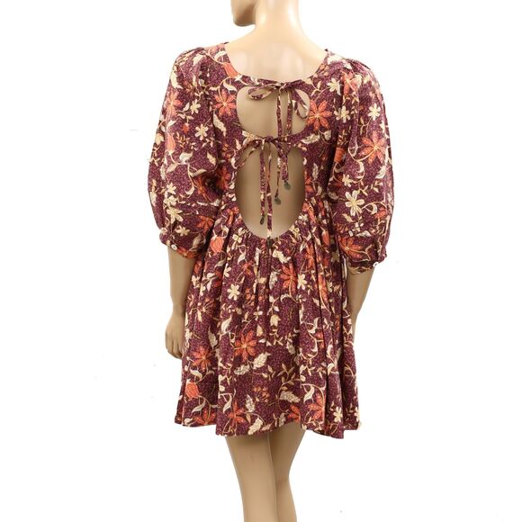 Free People Lola Floral Mini Dress Printed Balloon Sleeve Cutout Cotton S 286397 - Picture 7 of 9